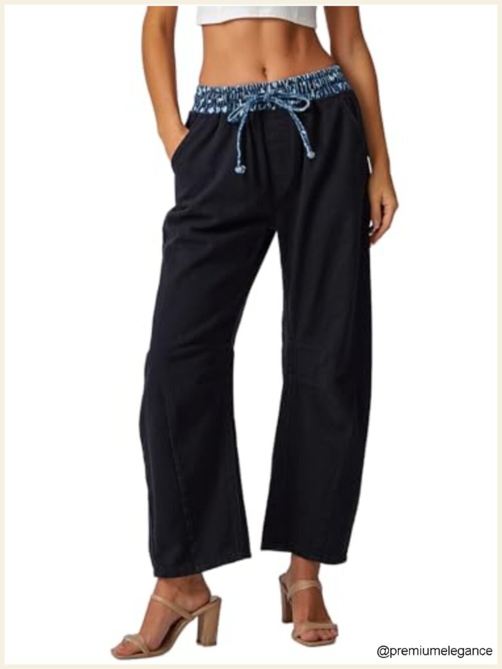 Womens Drawstring Barrel Jeans Wide Leg Elastic Waist Baggy Y2K Denim Pants